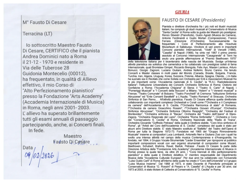 Certificazione del M° Fausto Di Cesare del Corso di "Alto Perfezionamento pianisitico".