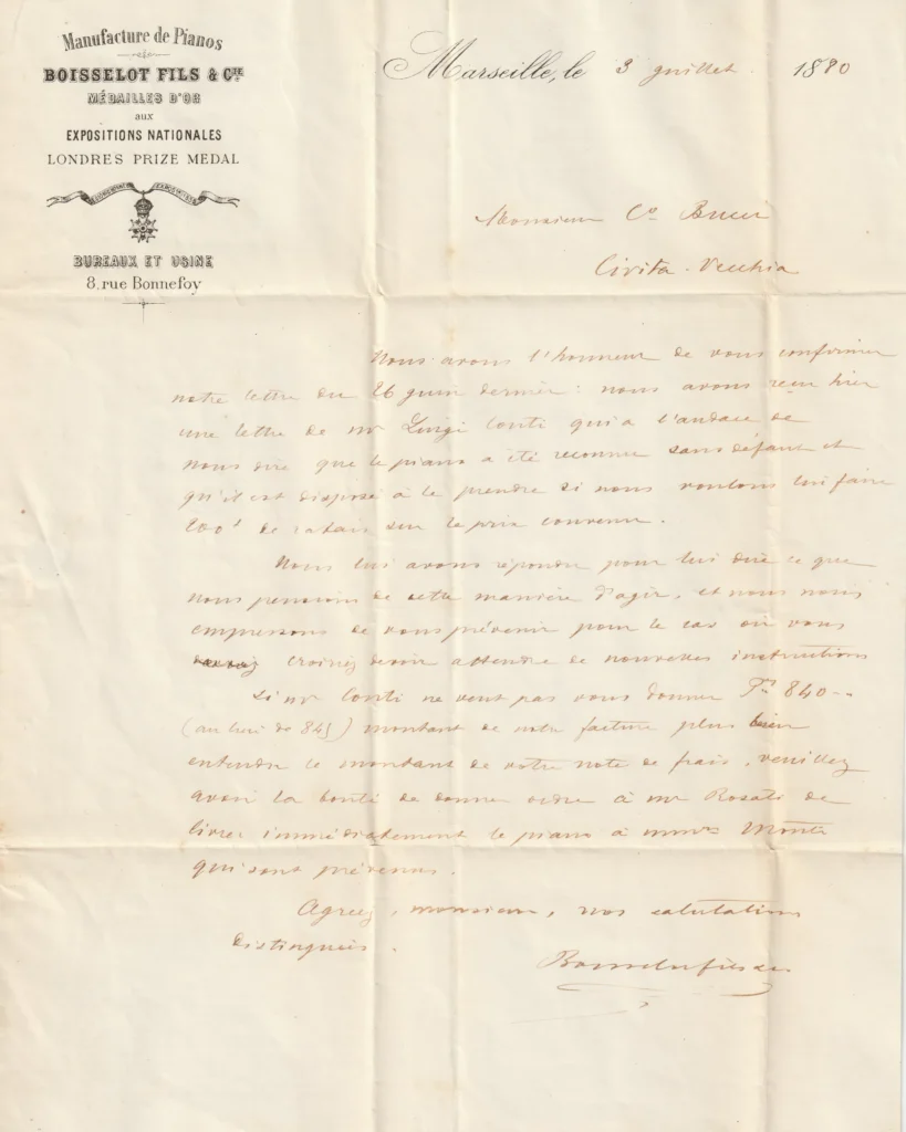 Lettera Boisselot$Fils. da Marsiglia (Francia), indirizzata a Monsieur C.Bucci - CivitaVecchia(Roma), del 1880.